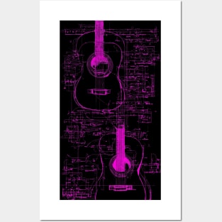 Neon Pink Acoustic Guitar Da Vinci blueprint Posters and Art